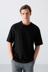 pamuklu kalin yüzeyi dokulu oversize fit basic erkek t-shirt - 88340 - Justyol