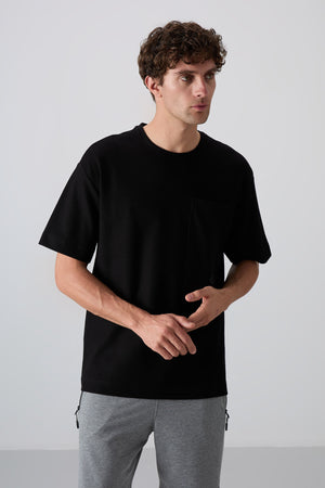 pamuklu kalin yüzeyi dokulu oversize fit basic erkek t-shirt - 88341 - Justyol