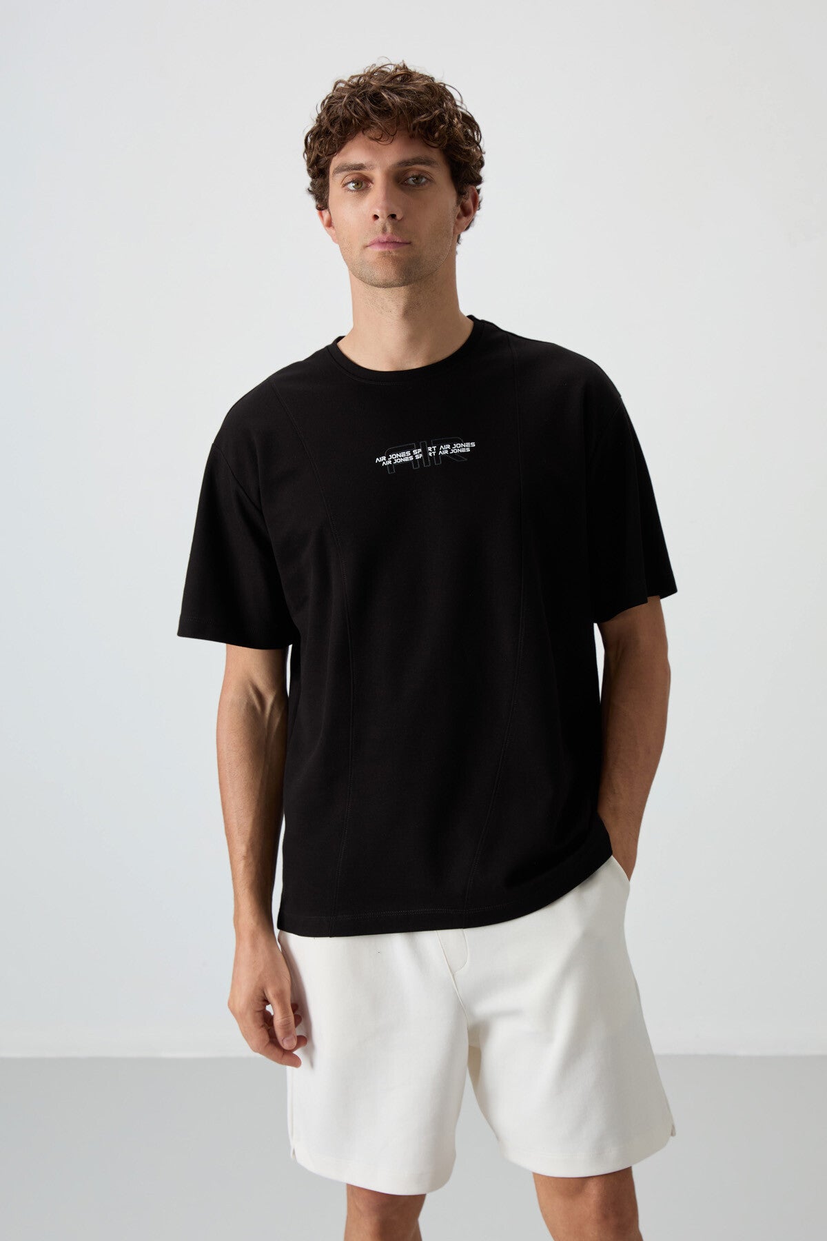 pamuklu kalin yüzeyi dokulu oversize fit baskili erkek t-shirt - 88372 - Justyol