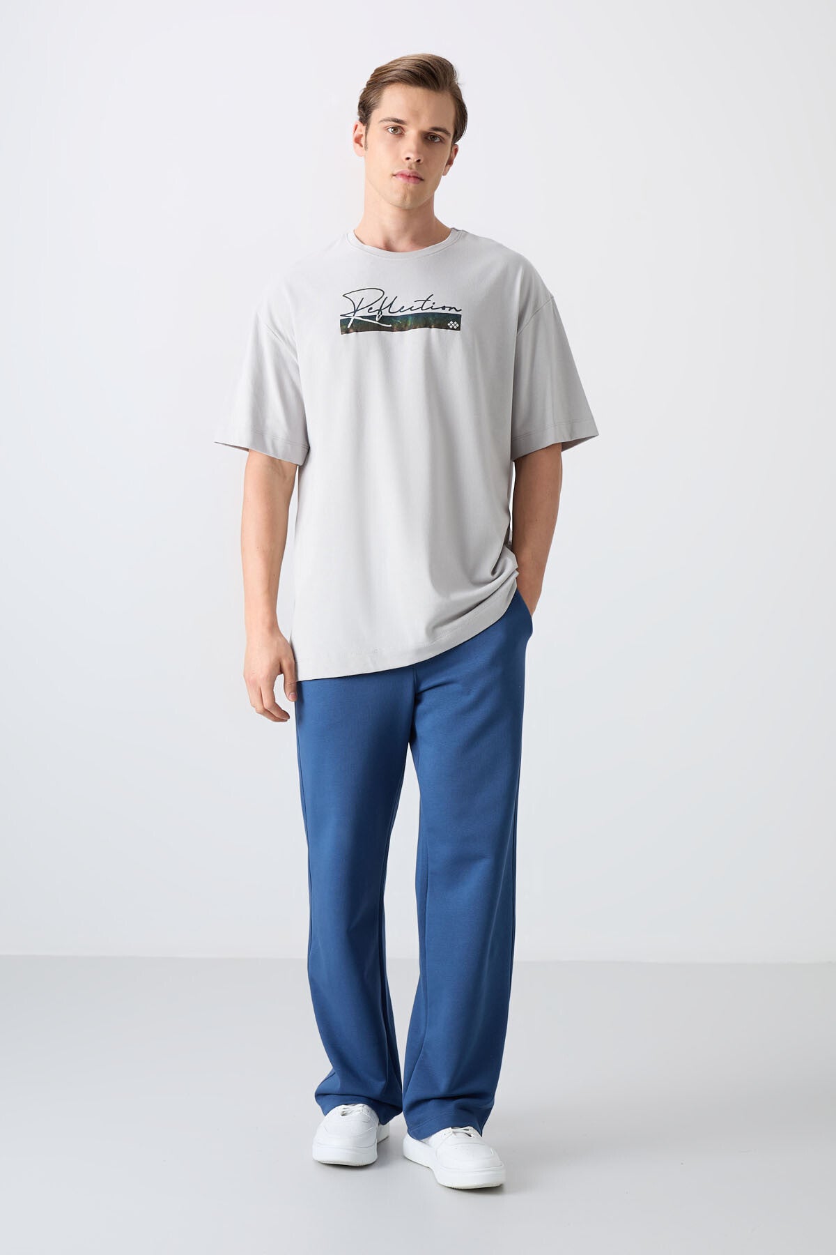 pamuklu kalin yumuşak dokulu oversize fit baskili erkek t-shirt - 88334 - Justyol