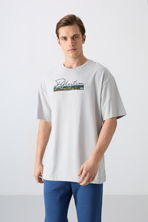 pamuklu kalin yumuşak dokulu oversize fit baskili erkek t-shirt - 88334 - Justyol
