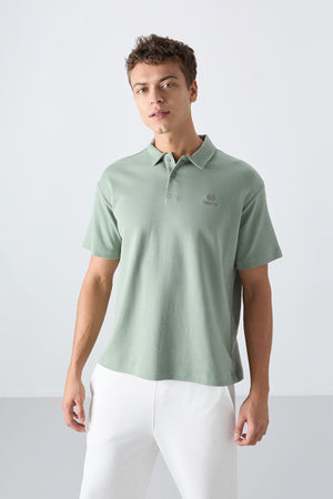 pamuklu kalin yumuşak dokulu oversize fit basic polo yaka erkek t-shirt - 88327 - Justyol