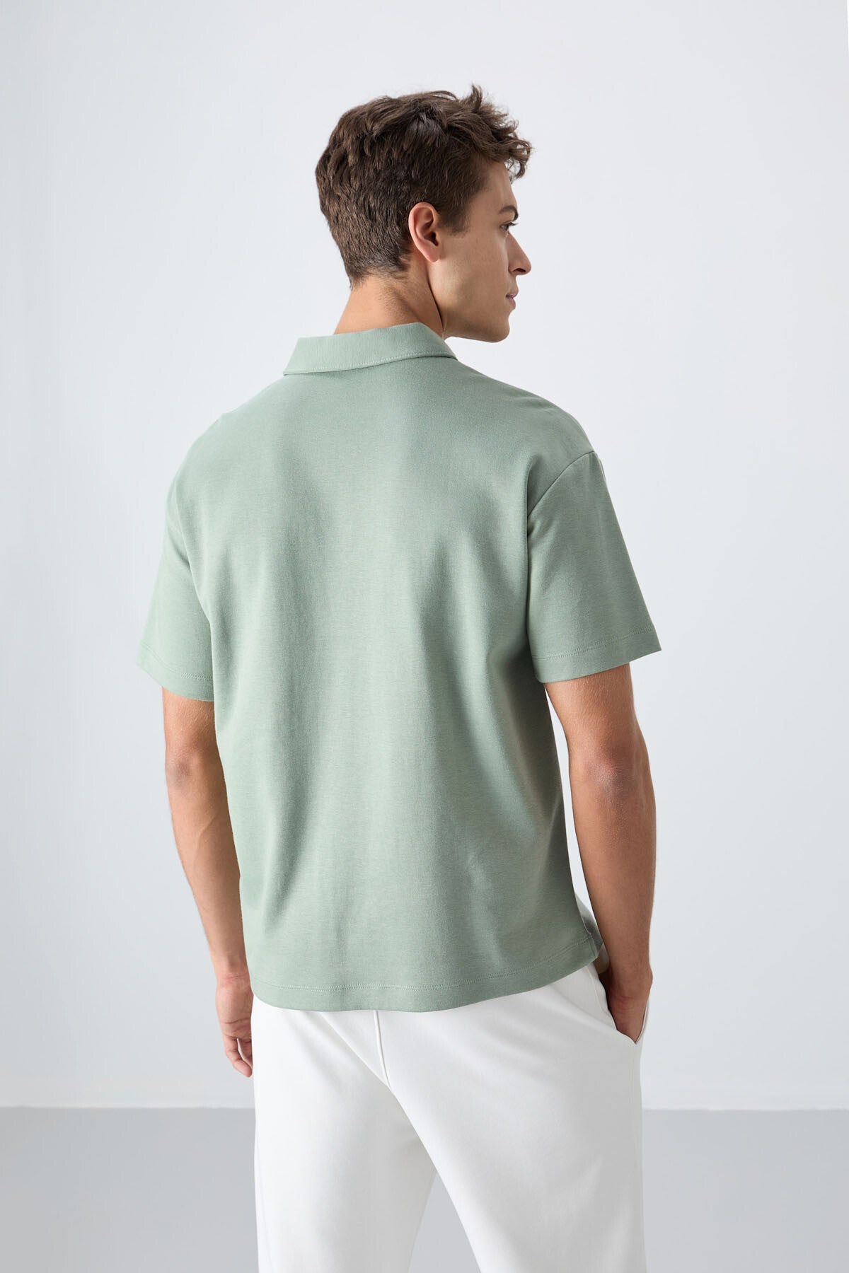 pamuklu kalin yumuşak dokulu oversize fit basic polo yaka erkek t-shirt - 88327 - Justyol
