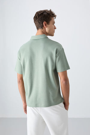 pamuklu kalin yumuşak dokulu oversize fit basic polo yaka erkek t-shirt - 88327 - Justyol