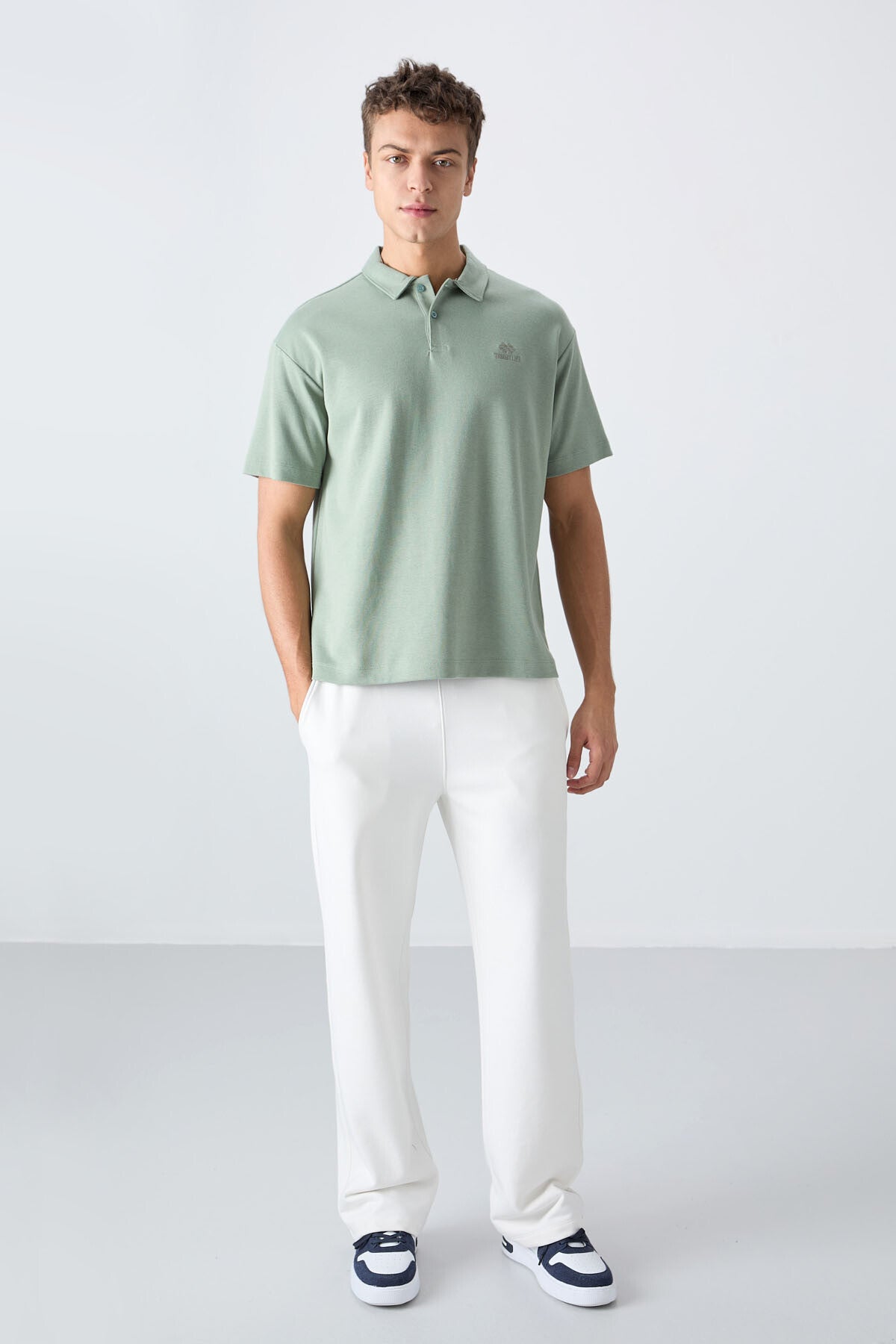 pamuklu kalin yumuşak dokulu oversize fit basic polo yaka erkek t-shirt - 88327 - Justyol