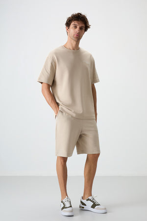 lacivert pamuklu kalin yumuşak dokulu oversize fit nakişli erkek şort takim - 85250 - Justyol