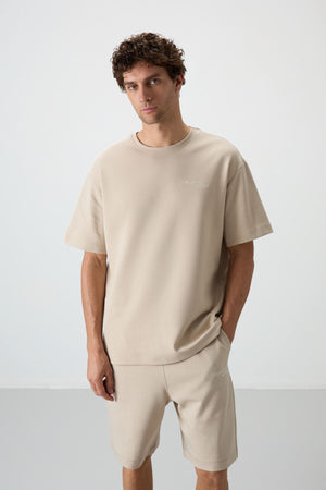 lacivert pamuklu kalin yumuşak dokulu oversize fit nakişli erkek şort takim - 85250 - Justyol