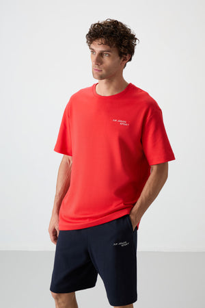 lacivert pamuklu kalin yumuşak dokulu oversize fit nakişli erkek şort takim - 85250 - Justyol