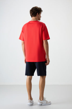 lacivert pamuklu kalin yumuşak dokulu oversize fit nakişli erkek şort takim - 85250 - Justyol