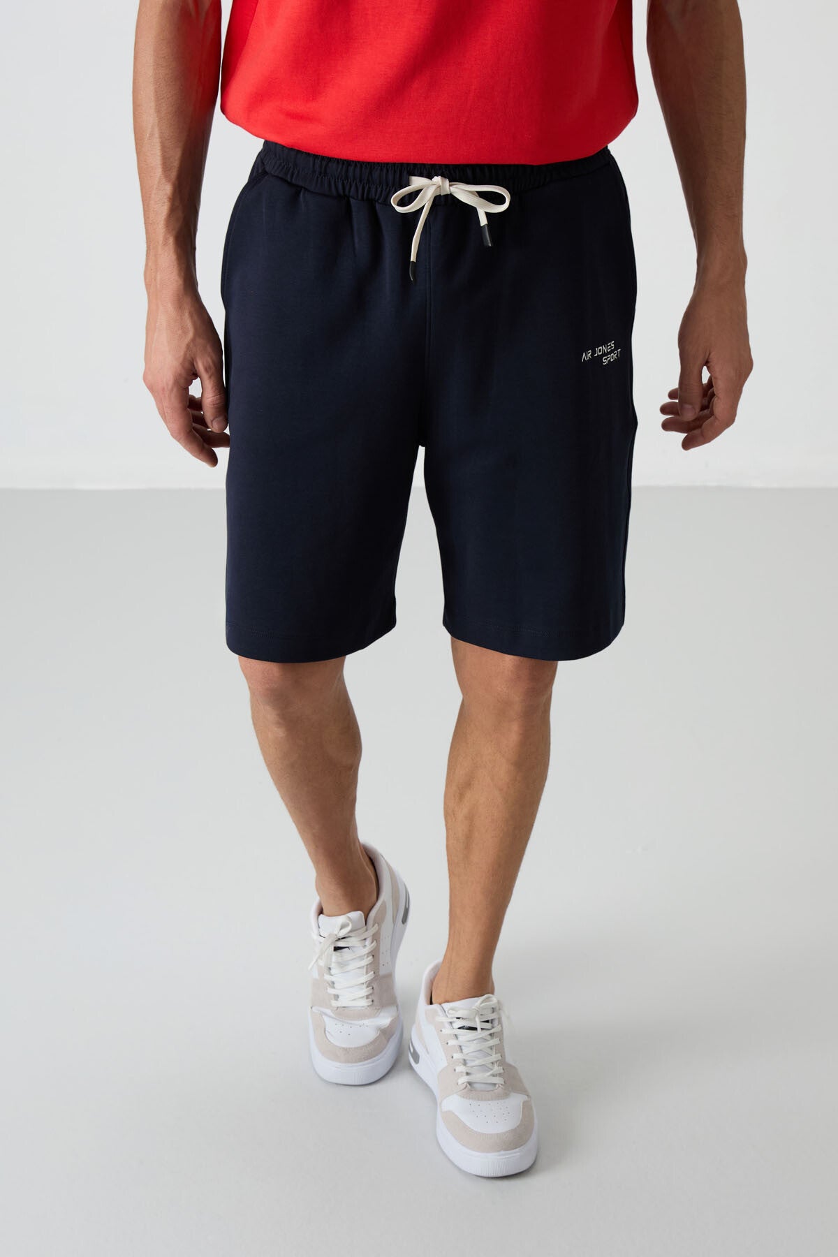 lacivert pamuklu kalin yumuşak dokulu oversize fit nakişli erkek şort takim - 85250 - Justyol