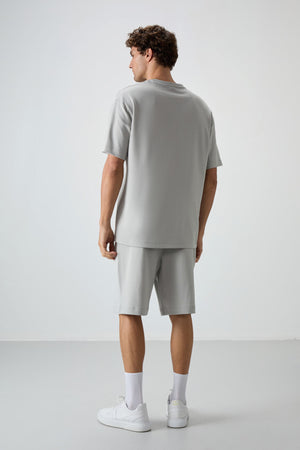 lacivert pamuklu kalin yumuşak dokulu oversize fit nakişli erkek şort takim - 85250 - Justyol