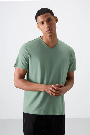 basic kisa kol standart kalip v yaka erkek t-shirt - 87912 - Justyol