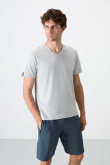 basic kisa kol standart kalip v yaka erkek t-shirt - 87912 - Justyol