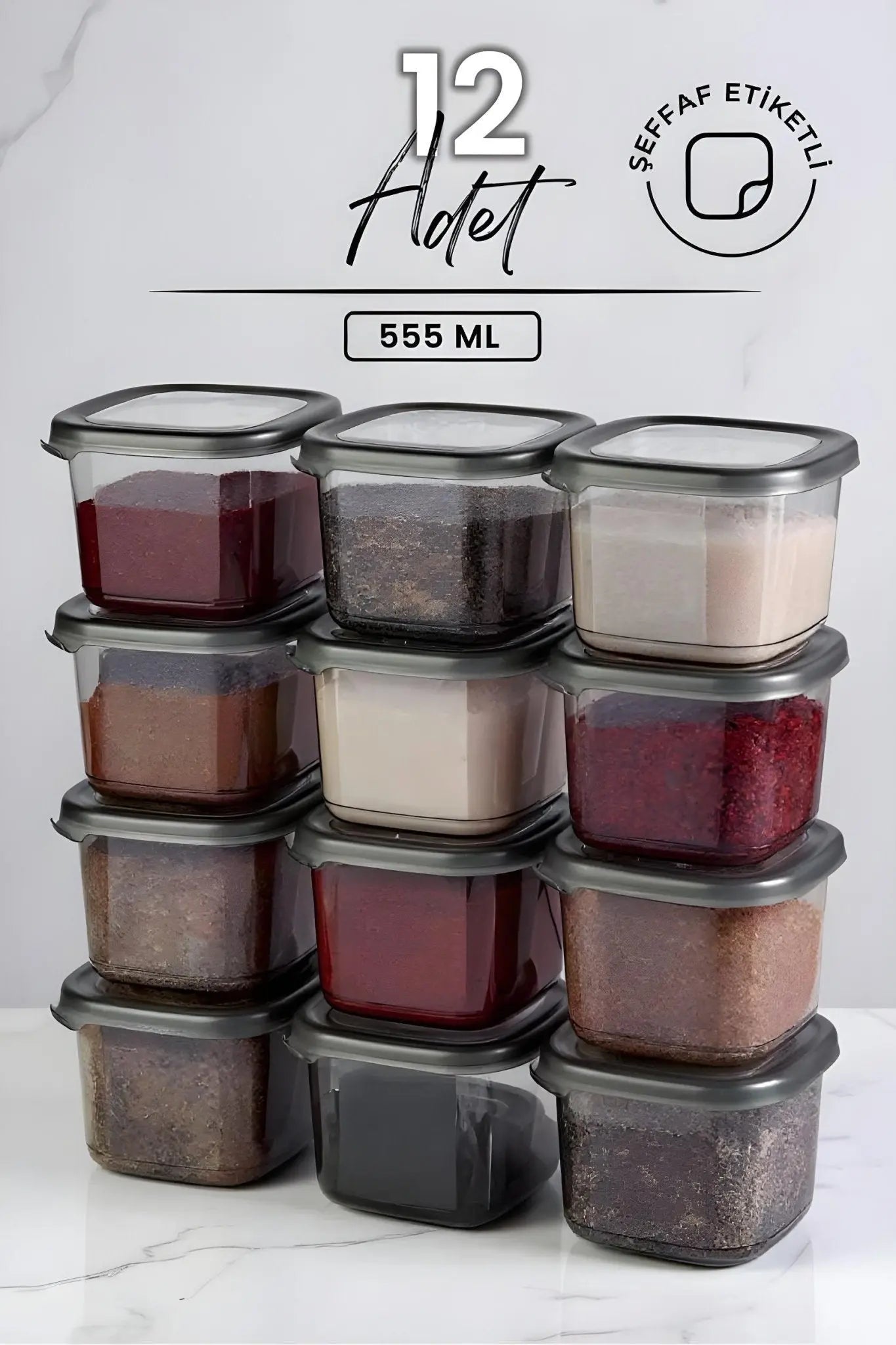 12 Adet Etiketli Antrasit Baharatlık Seti - 555 ml - 12 Li Saklama Kabı Seti - Justyol