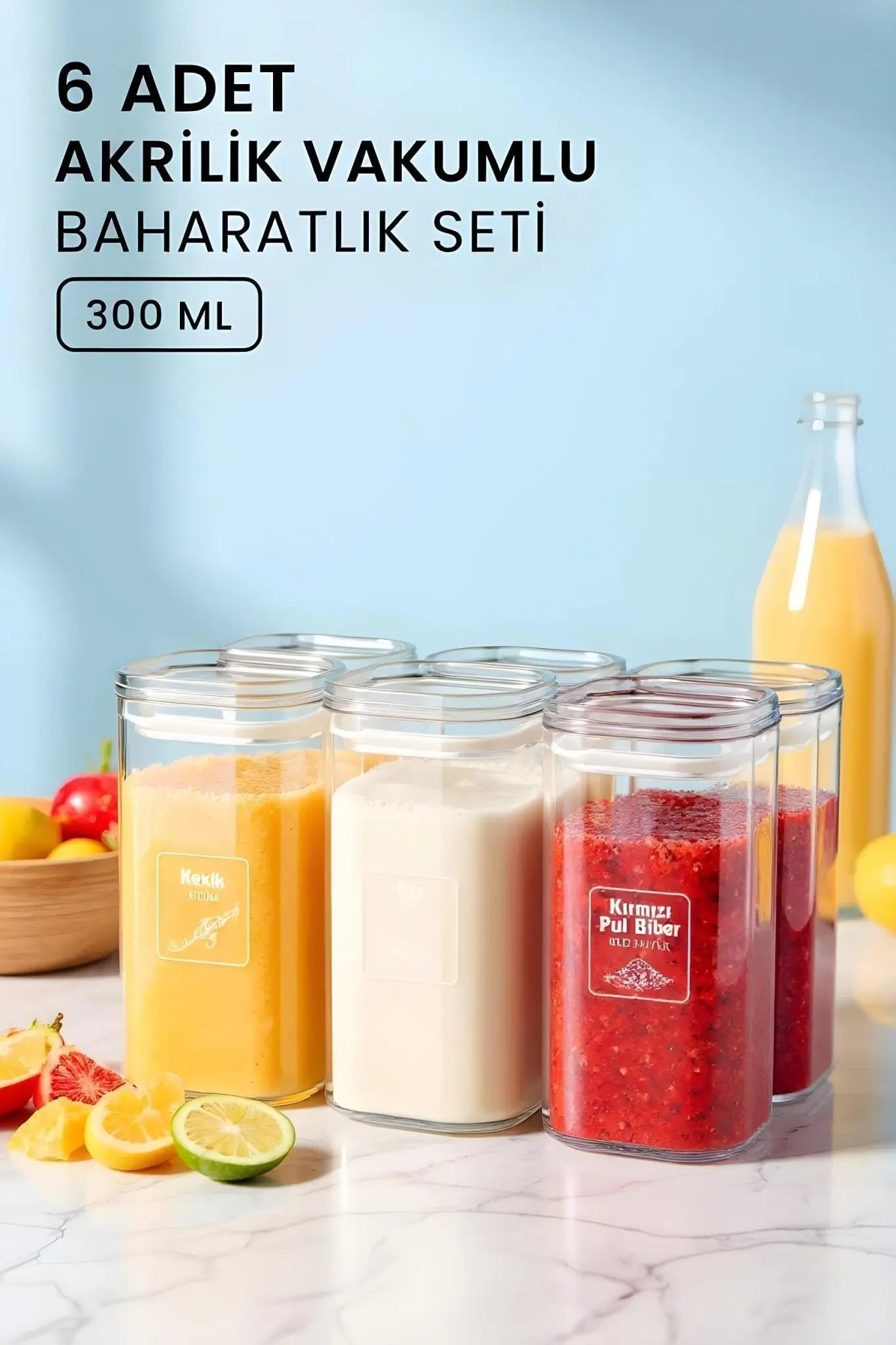 Etiketli 6'li Akrilik Vakumlu Kare Baharatlık Seti 300 ML - Sızdırmaz Kapaklı Baharatlık Takımı - Justyol