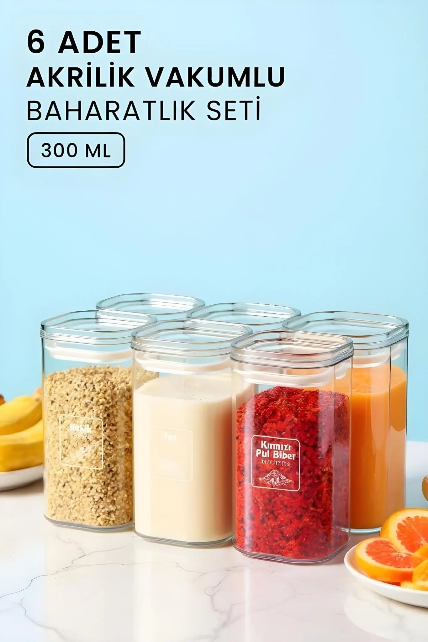 Etiketli 6'li Akrilik Vakumlu Kare Baharatlık Seti 300 ML - Sızdırmaz Kapaklı Baharatlık Takımı - Justyol