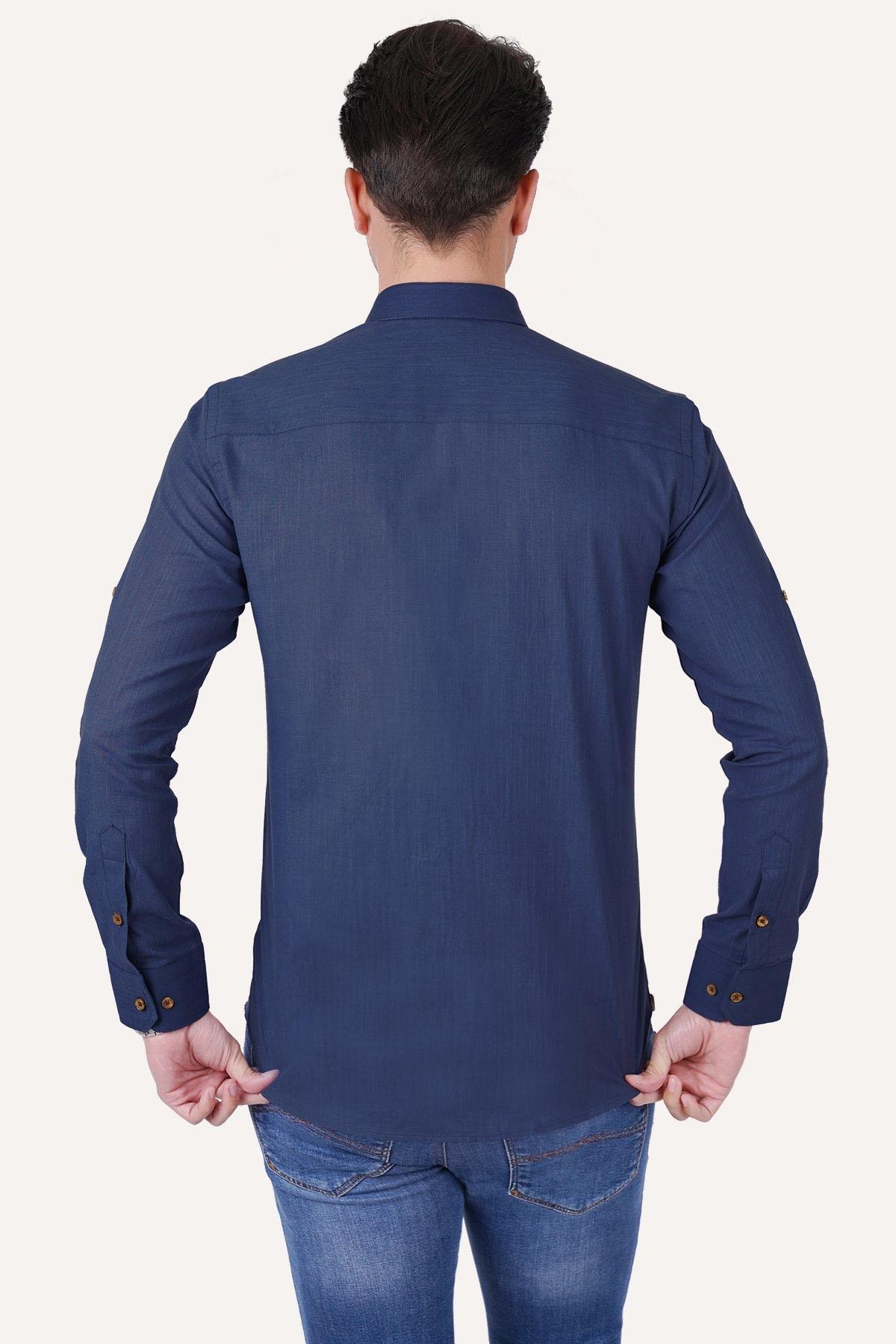 Sarı Yaka Düğmeli Keten Slimfit Hediye Kutulu Göml - Justyol