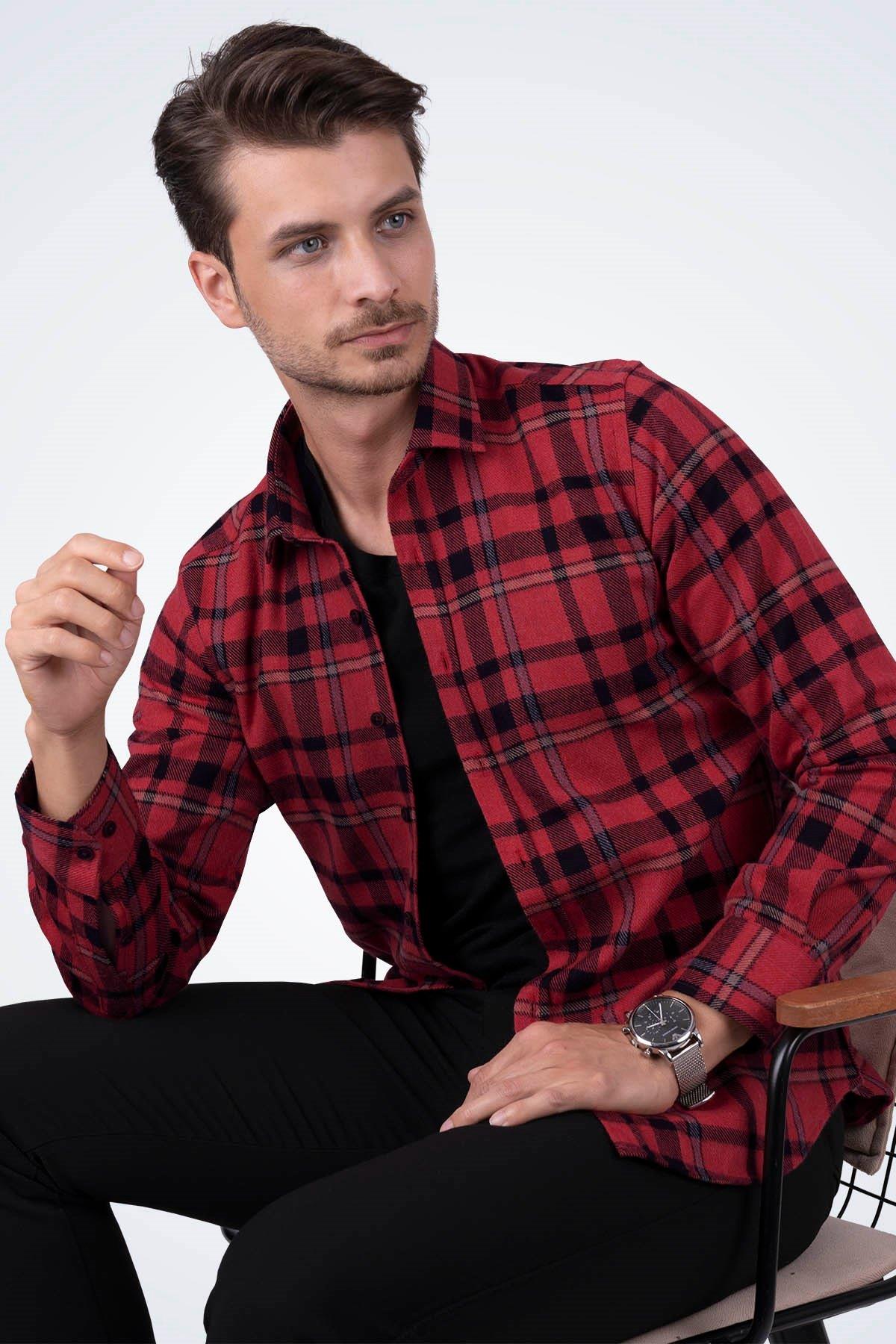 Kırmızı Mavi Çizgili Slimfit Oduncu Kutulu Gömlek - 6470 - Justyol