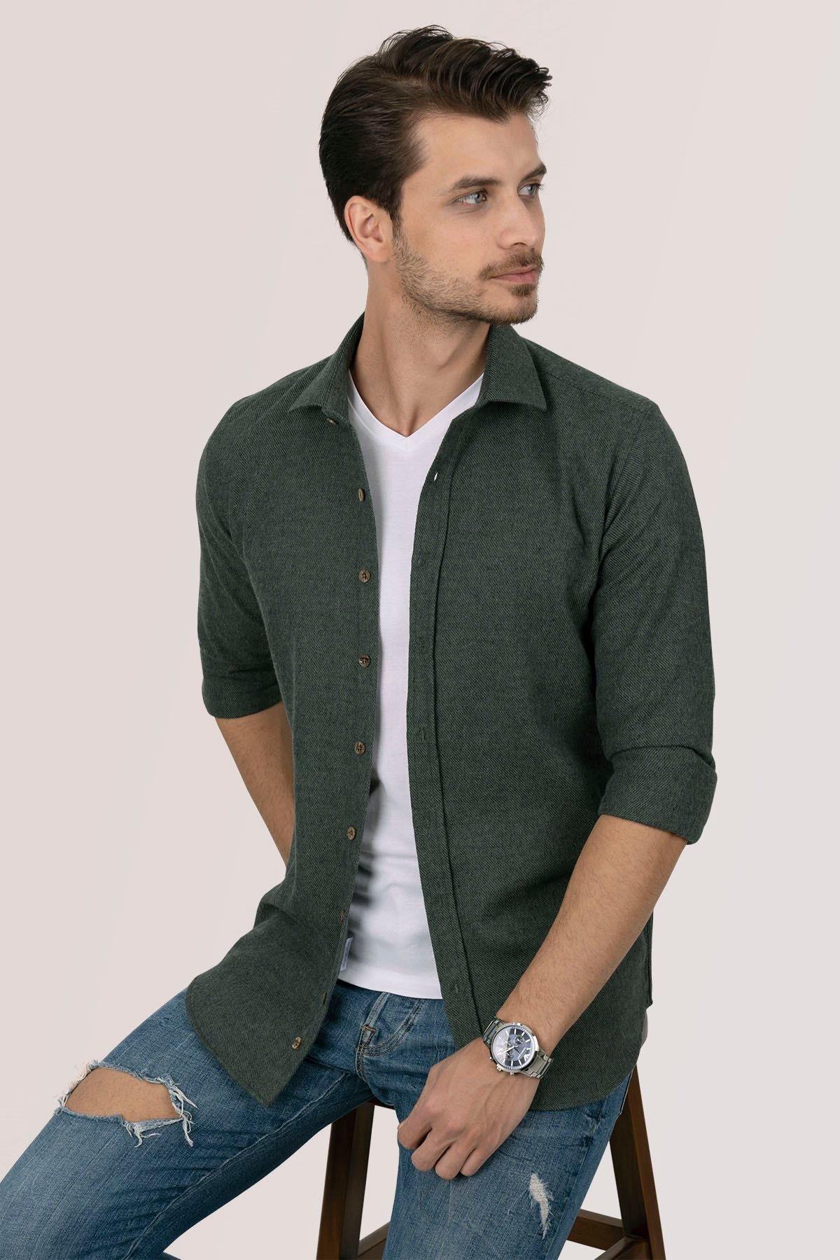 Koyu Yeşil Oduncu Slimfit Kutulu Gömlek - 6489 - Justyol