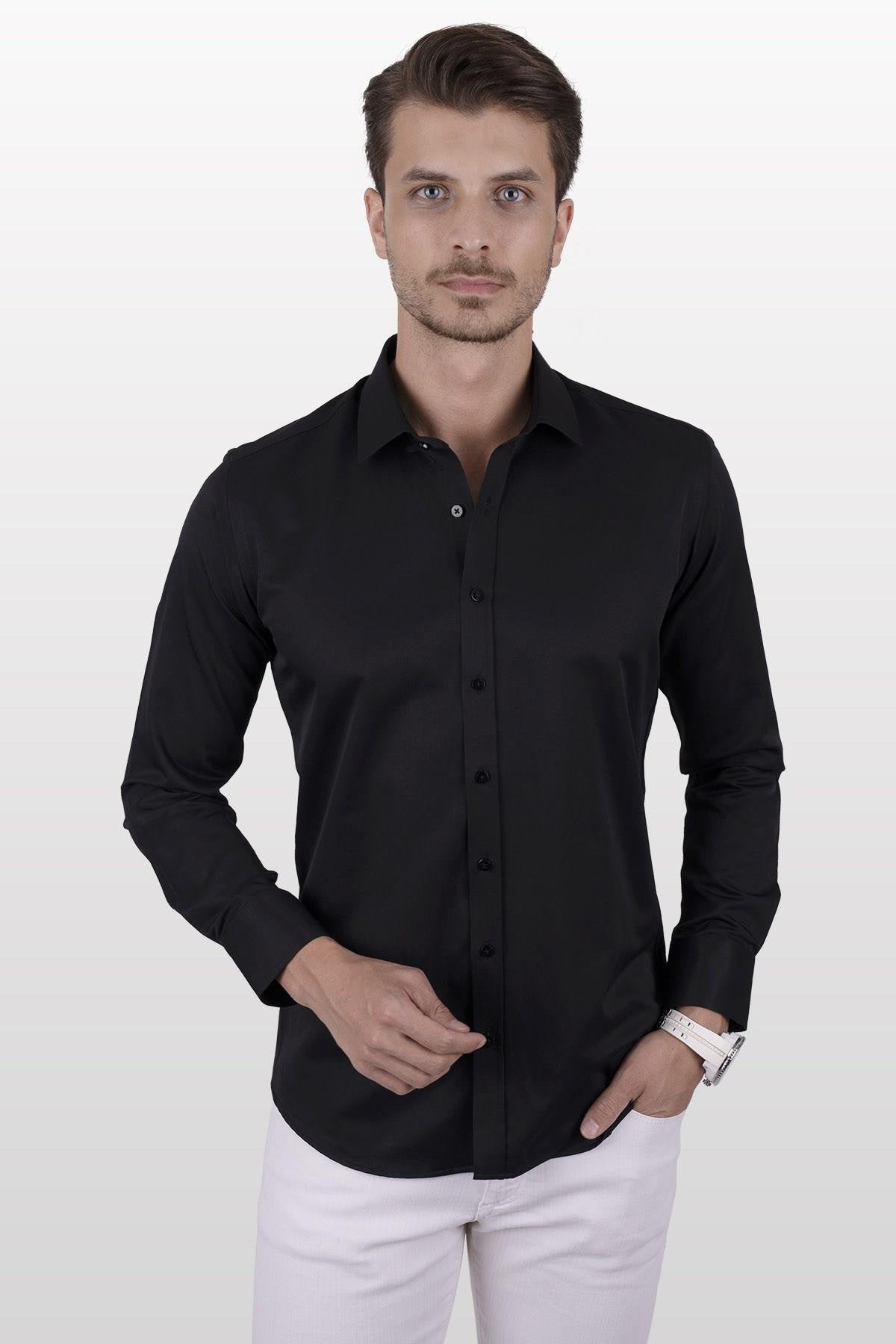 Siyah Saten Slimfit Erkek Kutulu Gömlek - Justyol