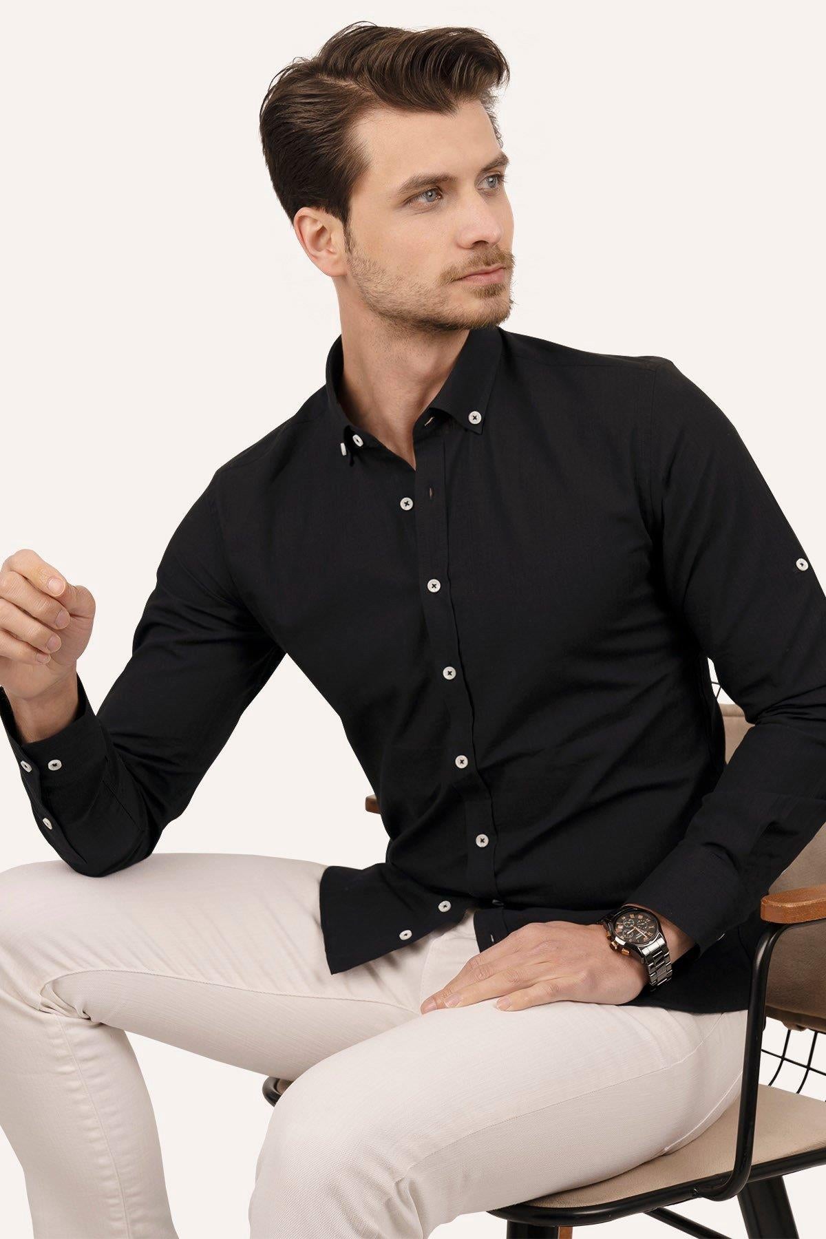 Siyah Yaka Düğmeli Keten Slimfit Kutulu Gömlek - 6543 - Justyol