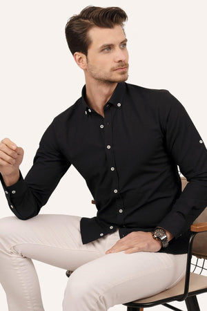 Siyah Yaka Düğmeli Keten Slimfit Kutulu Gömlek - 6543 - Justyol
