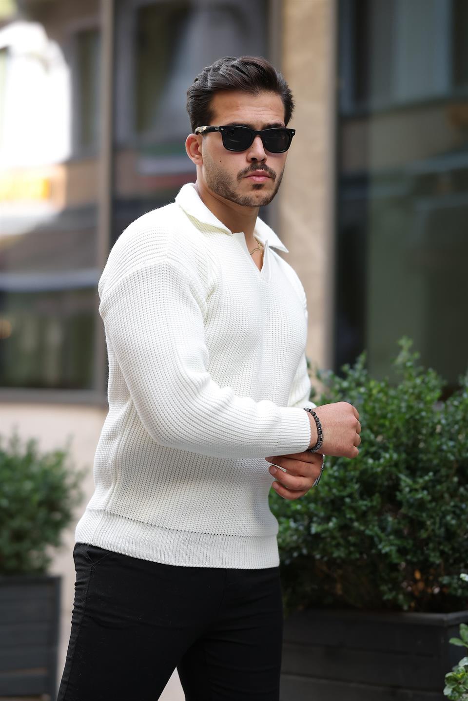 oversize gömlek yaka selanik örgülü erkek triko kazak