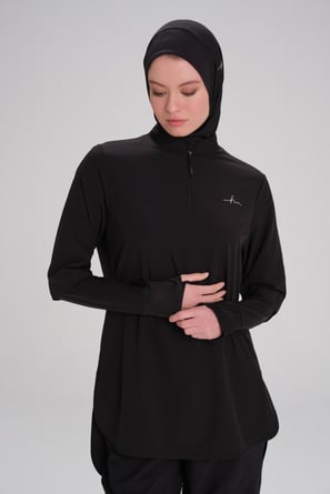 Haşema Active Uzun Kollu Yakası Fermuarlı Siyah Tesettür Antrenman Tişörtü ACT - 9 - 67100 - Justyol