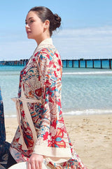 Haşema Bej Renkli Desenli Kemerli Uzun Kimono - 25881 - Justyol