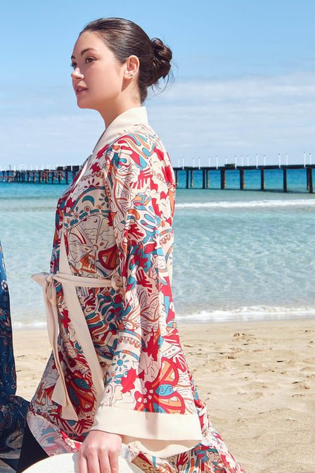 Haşema Bej Renkli Desenli Kemerli Uzun Kimono - 25881 - Justyol