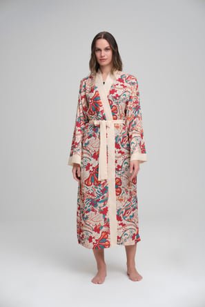 Haşema Bej Renkli Desenli Kemerli Uzun Kimono - 25881 - Justyol
