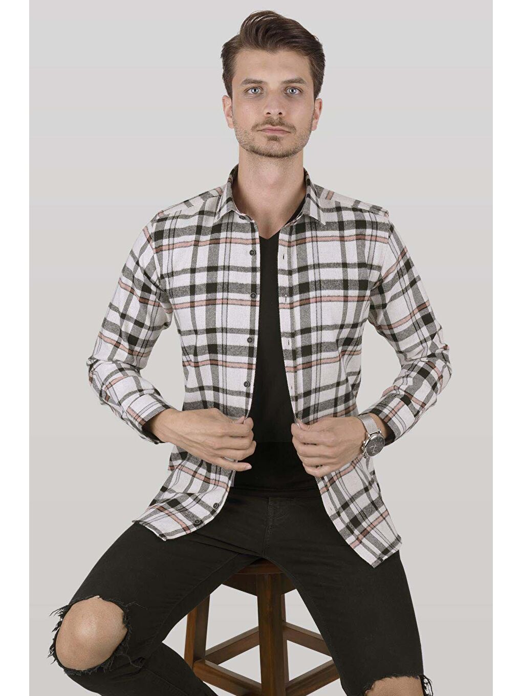 Beyaz Siyah Çizgili Slimfit Oduncu Kutulu Gömlek - 6468 - Justyol