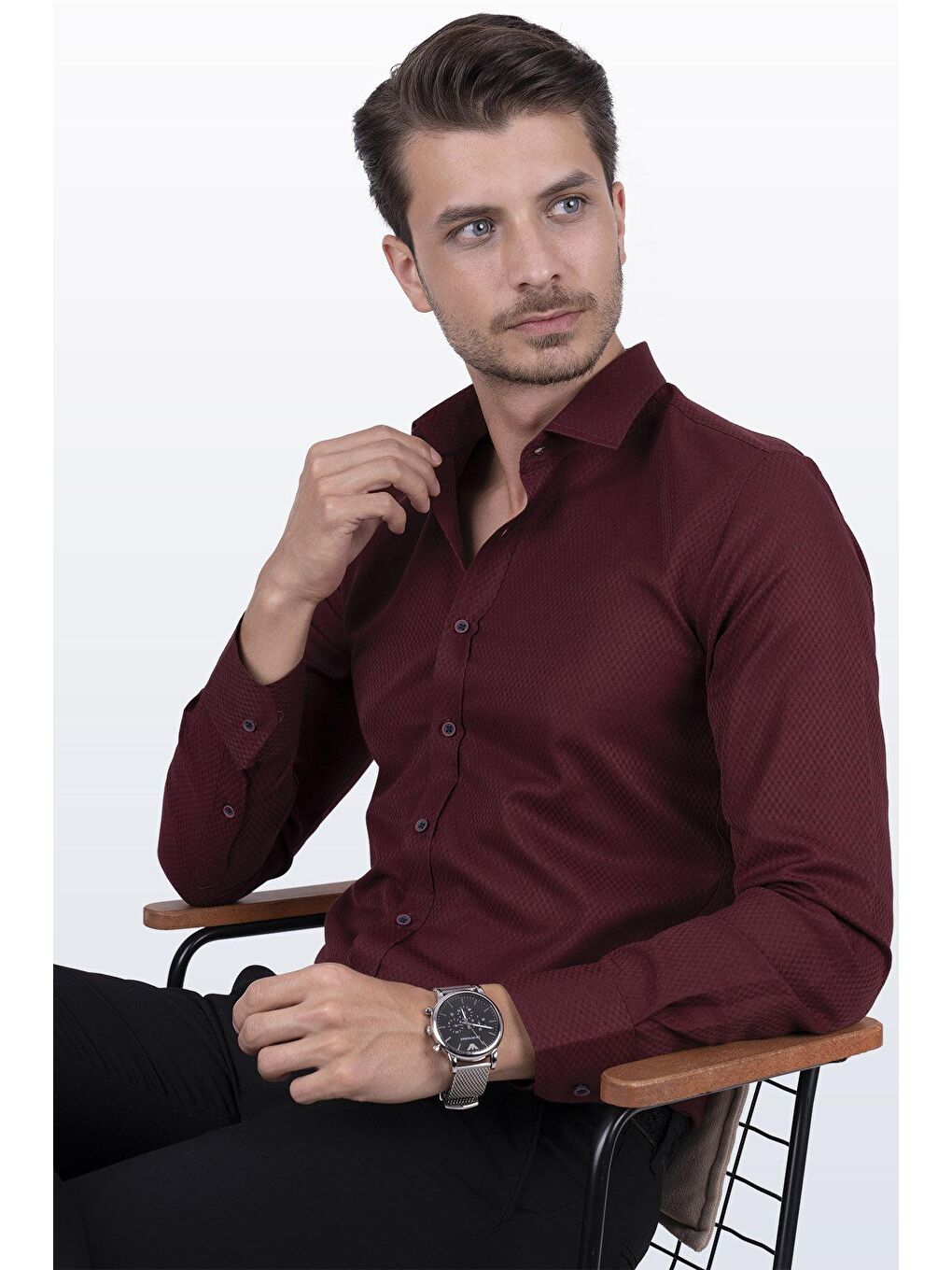 Koyu Bordo Baklava Desenli Slimfit Kutulu Gömlek - 6480 - Justyol