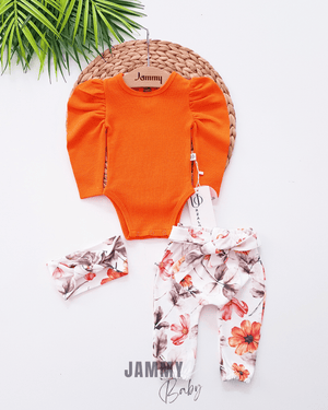 Juana Floral Design Balloon Sleeve Set - ORANGE - Justyol