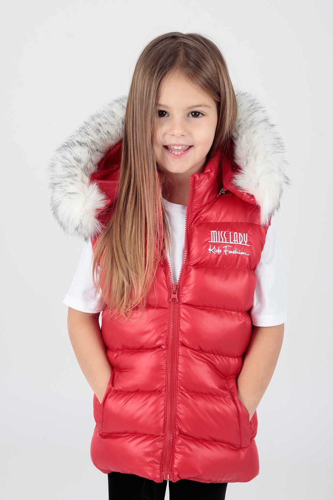 Girls' Jacket - Sleeveless - With Zipper - Hood Adorned with Fur - maroon - Justyol