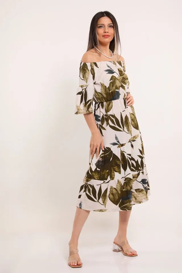 Women's Leaf Patterned Elastic Shoulder Short Slee - Justyol