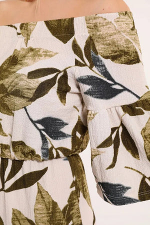 Women's Leaf Patterned Elastic Shoulder Short Slee - Justyol