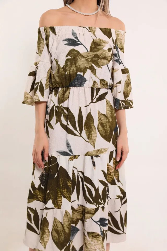 Women's Leaf Patterned Elastic Shoulder Short Slee - Justyol