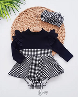 plaid pattern shoulder ruffle bandana bodysuit dress set - ekru - Justyol