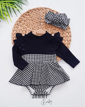 plaid pattern shoulder ruffle bandana bodysuit dress set - ekru - Justyol