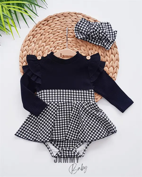 plaid pattern shoulder ruffle bandana bodysuit dress set - ekru - Justyol