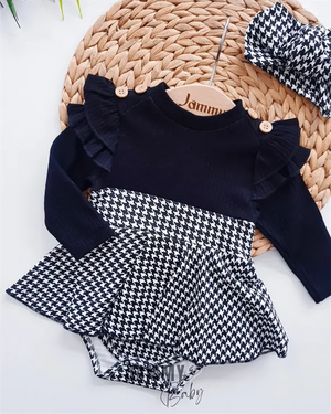 plaid pattern shoulder ruffle bandana bodysuit dress set - ekru - Justyol