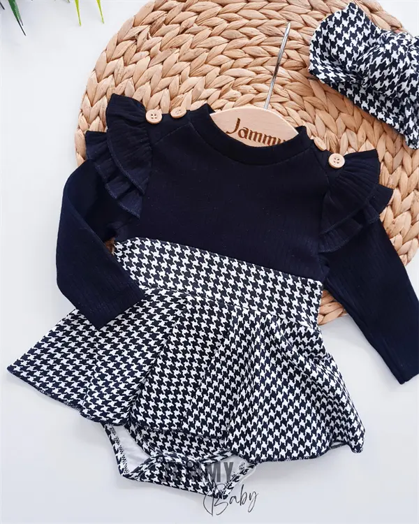 plaid pattern shoulder ruffle bandana bodysuit dress set - ekru - Justyol