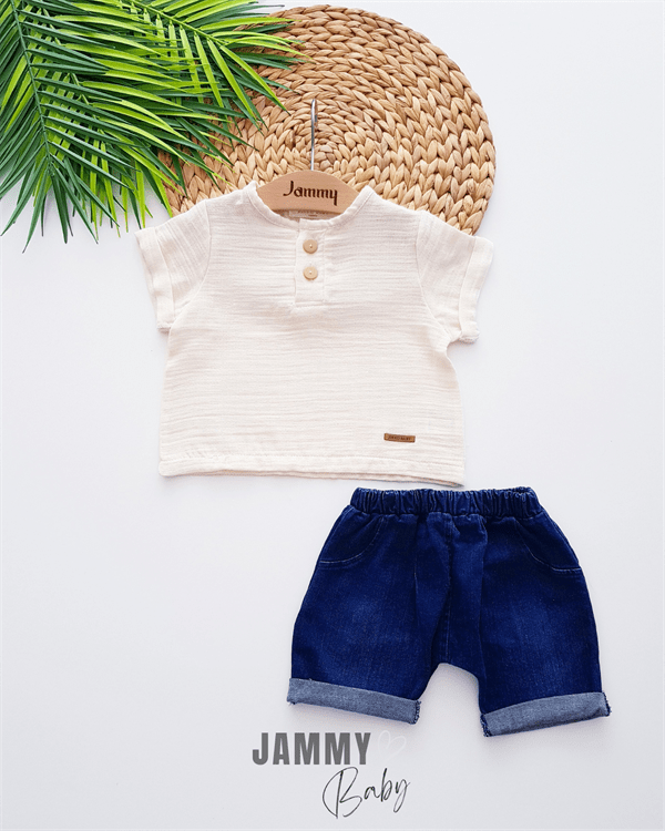 Kelvin Muslin Bodysuit & Denim Shorts Set - ECRU - Justyol