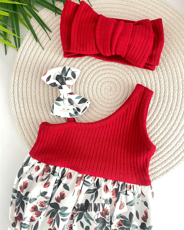 şal desen tek omuz xl bandanali romper set - saks - Justyol