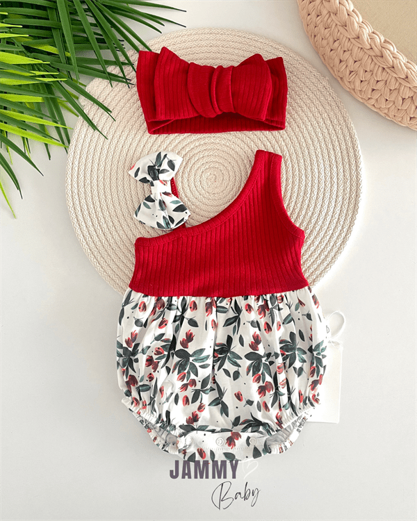 şal desen tek omuz xl bandanali romper set - saks - Justyol