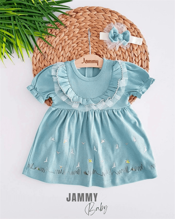 kuş nakişli ribana bandanali elbise set - yeşil - Justyol