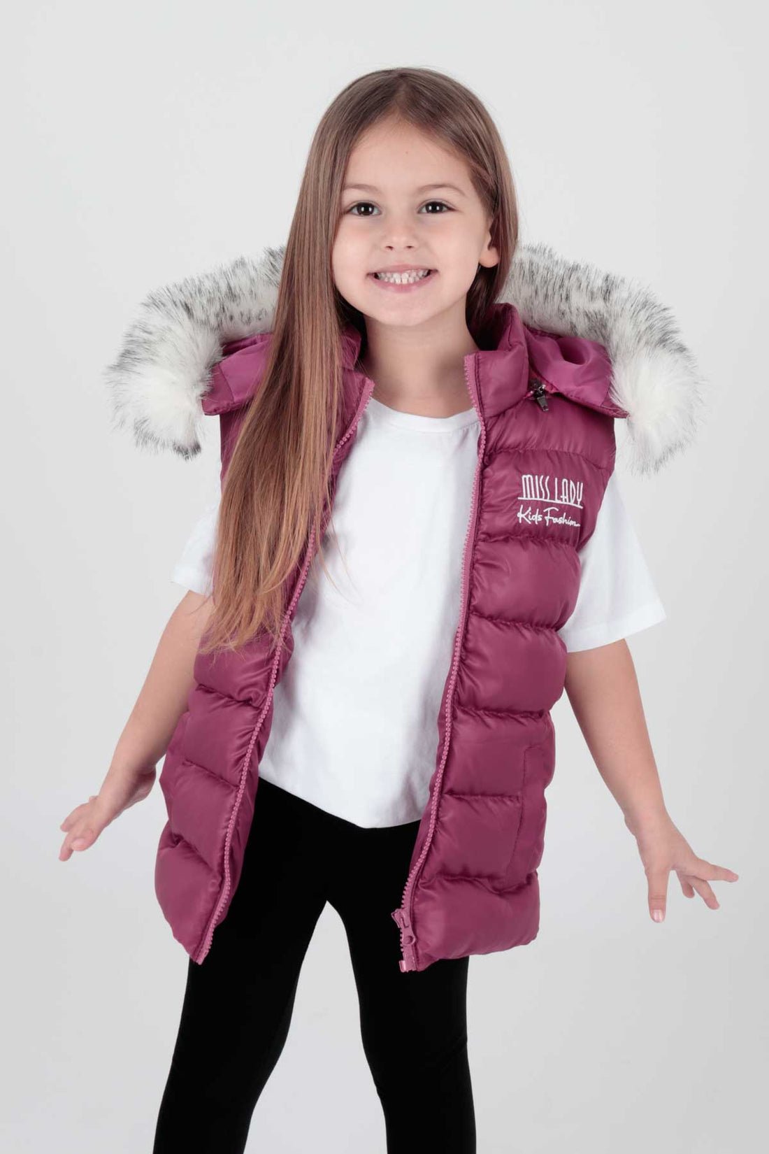 Girls' Jacket - Sleeveless - With Zipper - Hood Adorned with Fur - maroon - Justyol