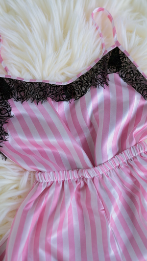 Nightsuit 155 -Striped Satin Nightwear Set with Elegant Lace Detail Erotica