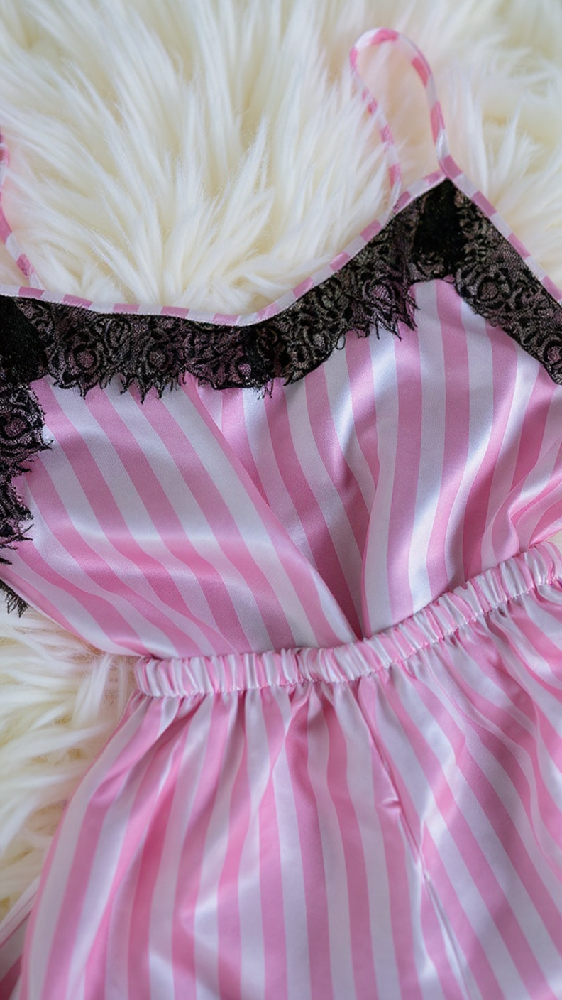 Nightsuit 155 -Striped Satin Nightwear Set with Elegant Lace Detail Erotica
